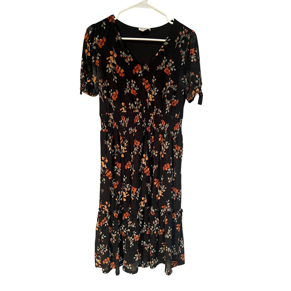 Ember Women's Size Medium Midi Dress Black Orange Floral V-Neck Short Sleeve
